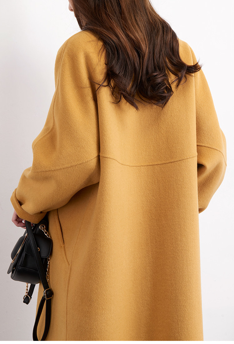 芒果黄 2018新款韩版宽松茧型黄色双面羊毛双面呢双面羊绒大衣女