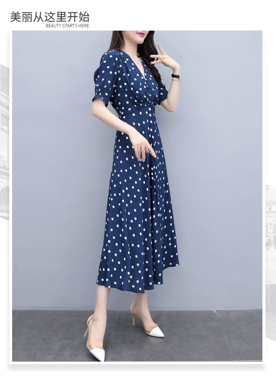 Năm 2020 mới của phụ nữ mùa hè cạp cao váy dài nữ chấm bi xanh cotton và vải lanh cổ chữ v ngắn tay váy dài - Váy eo cao