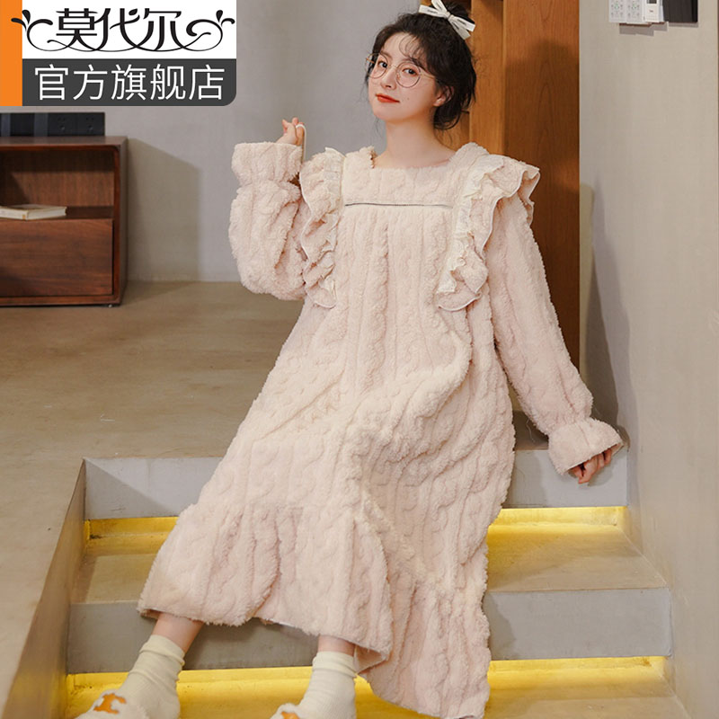 Sleeping Dress Lady Autumn Winter Mid-Length Coral Suede 2023 New Gush Thickening Pyjamas Cute Dress With Dress Jacquard Velvet-Taobao