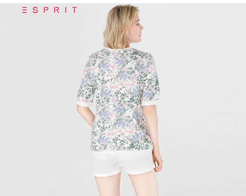 芬迪衛女士字母f圖案衛衣衣多少錢 ESPRIT EDC女士2020夏新品花朵圖案全棉短袖衛衣-047CC1J004 芬迪女士