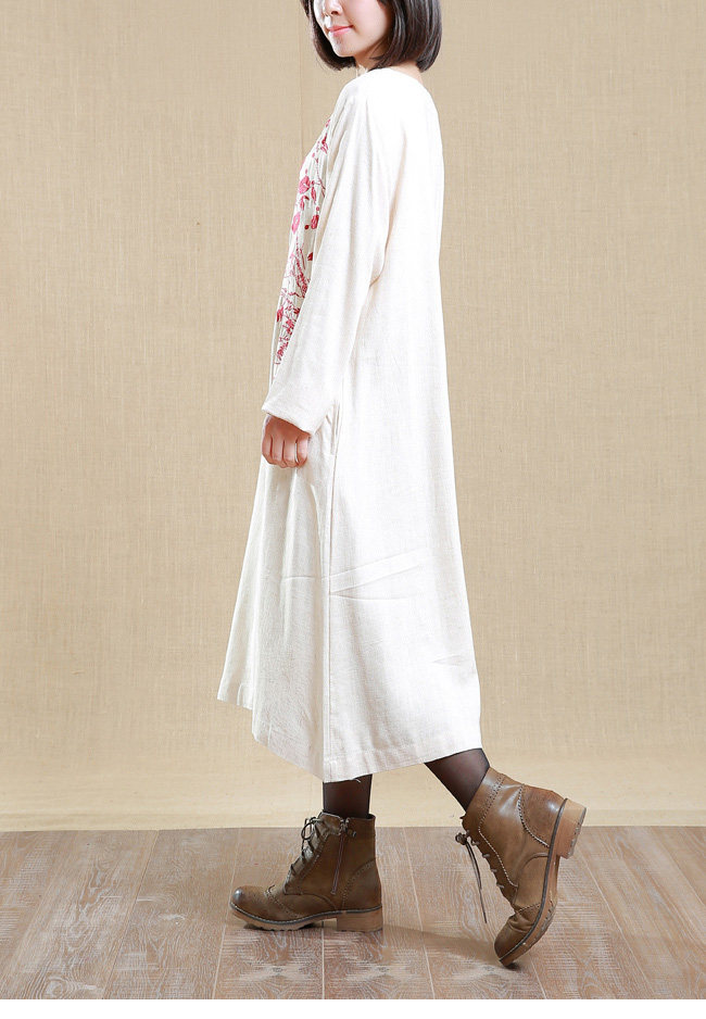 胖mm2016春装新品韩版布衣风格大码女装绣花宽松棉麻中长.