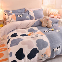 Card Ventilation Thickened Warm Bed Quilt Cover Four Pieces Of Milk Suede Children Coral Suede Warm Plush Bed Bedding
