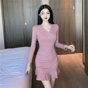 Fall / winter 2020 sexy V-neck cross Ruffle long sleeve dress high waist slim skirt