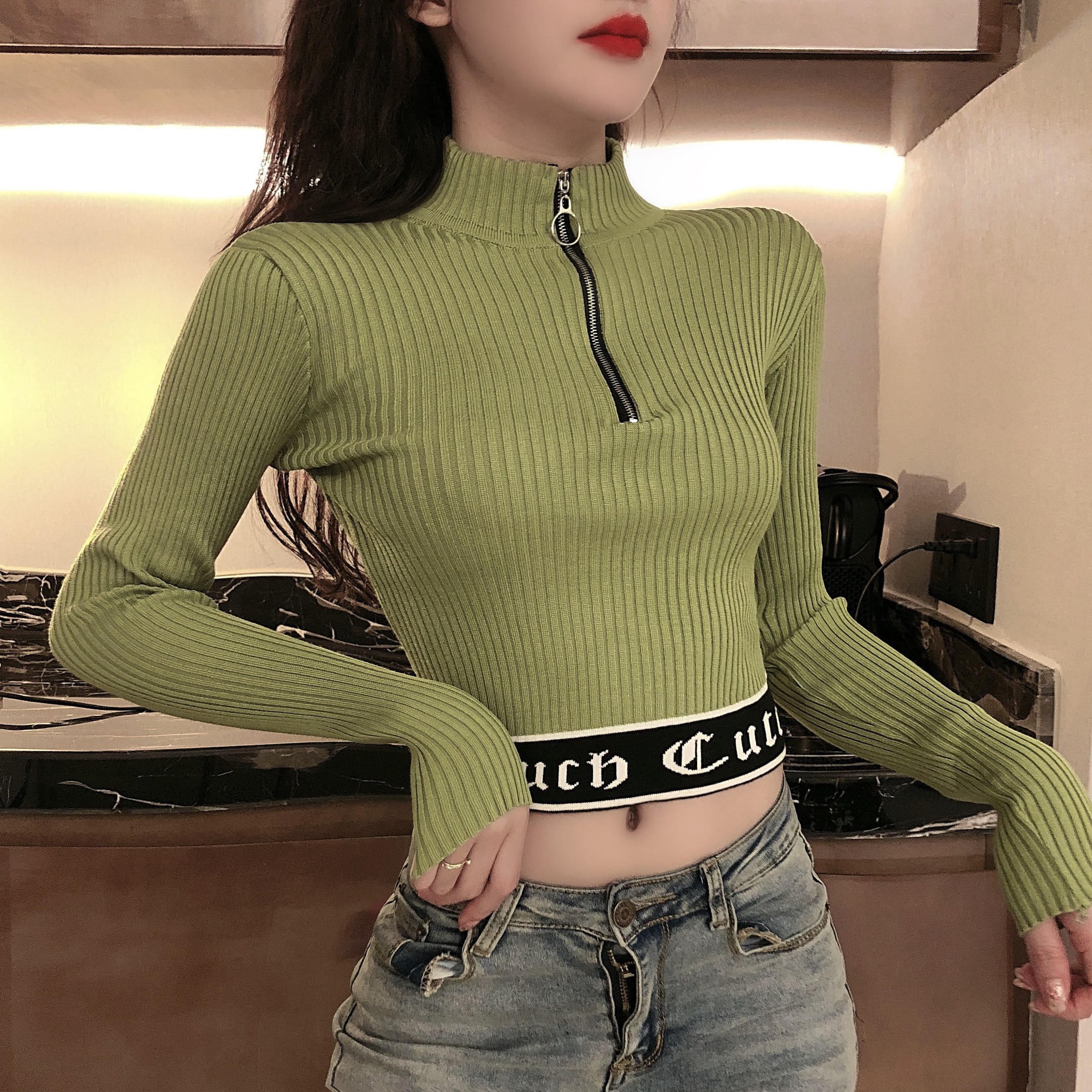 实拍2020秋装修身短款针织长袖半高领拉链洋气毛衣露肚脐百搭上衣