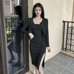 Fall 2020 New Retro elegant suspender slit dress + sunscreen cardigan 2-piece set