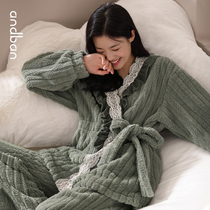 Anns winter pajamas womens new coral velvet plus velvet plus thick size home suit cardigan lace set