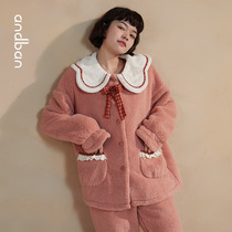 Anzhipajamas female winter New plus velvet thickened coral velvet large size warm home clothing long sleeve set
