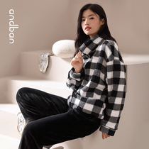 Anzhipajamas womens winter New Plaid plus velvet thickened warm coral velvet home clothing large size cardigan suit