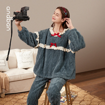 Anzhi companion pajamas womens autumn and winter warm long-haired coral velvet thickened home clothes casual can be worn outside two-piece suit