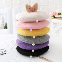 Autumn and winter pearl British little princess pure wool wild bud hat Japanese childrens hat girl painter beret