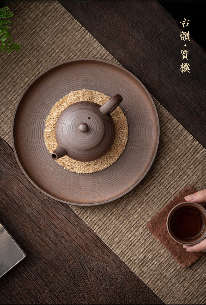 六天复古日式粗陶壶承茶承丝瓜垫陶瓷无釉干泡盘手工圆形壶托果盘
