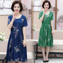 Middle-aged and elderly womens Korean dress large size short sleeve cotton silk long skirt middle-aged mother dress summer dress