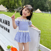 Navy striped shoulder-length cute baby girl skirt type conjoined hot spring Korea New 2021 childrens swimsuit