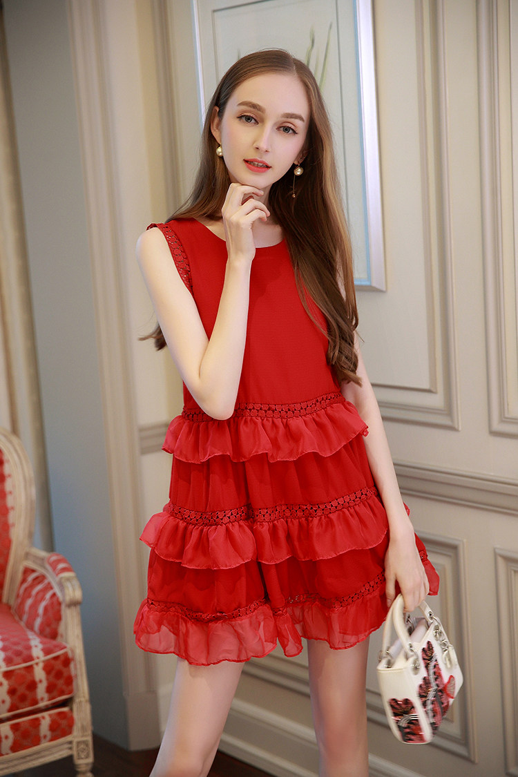 miuco2017夏季新款女装荷叶边拼接蛋糕蓬蓬裙摆a字无袖