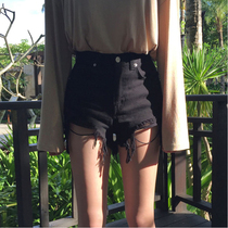 2021 new Korean version of the student high waist hole raw edge black denim shorts women loose chic all-in-one hot pants