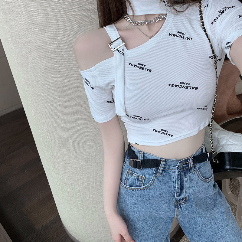 实拍实价性感短款露脐露肩上衣设计感小众短袖t恤女