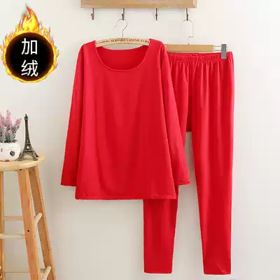 300 kg women's autumn clothes sanitary pants women's warm round neck solid color suit plus fat plus size plus thin velvet two-piece suit