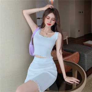 Two piece fashion suit with slim fitting suspender vest and high waist skirt in summer