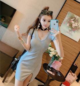 Sexy short V-neck elastic split zipper thread short sleeve dress