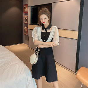 Summer Chiffon stitching color contrast mesh design waist closing foreign style knitted dress