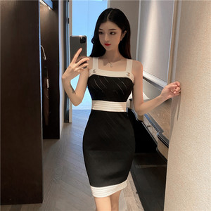 Color contrast sexy tight suspender skirt women’s summer Hip Wrap high waist short knitted dress