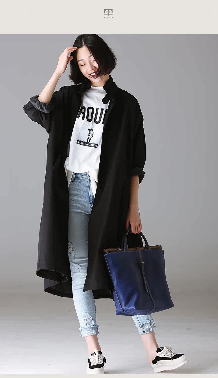 米可可 w8277 文艺大码立领纯棉oversize加厚长款风衣女 2018秋
