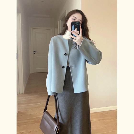 High end and luxurious blue woolen coat for women's autumn and winter wear, new Korean version of small casual short woolen coat High end and luxurious blue woolen coat for women's autumn and winter wear, new Korean version of small casual short woolen coat