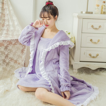 Autumn coral velvet pajamas womens long-sleeved thick and warm flannel nightgown nightgown two-piece bathrobe home service
