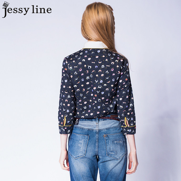 jessy line2015秋装新款 杰茜莱甜美印花拼接长袖衬衫 女休闲衬衣