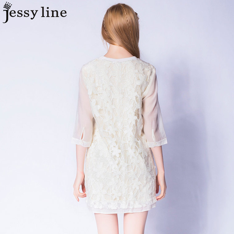 jessy line2015秋装新款 杰茜莱甜美百搭显瘦蕾丝拼接雪纺连衣裙