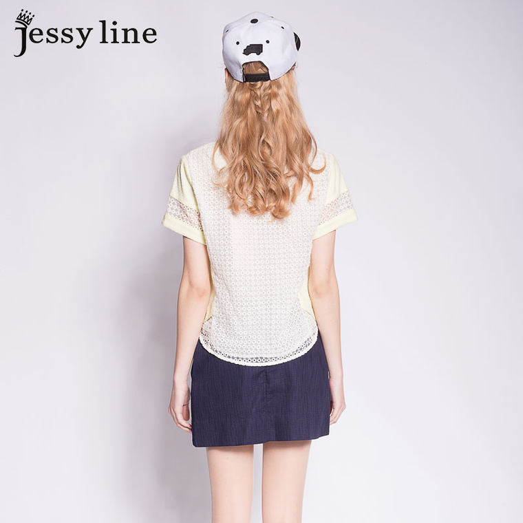 jessy line2015夏装新款 杰茜莱韩版潮流网纱拼接短袖T恤 女上衣