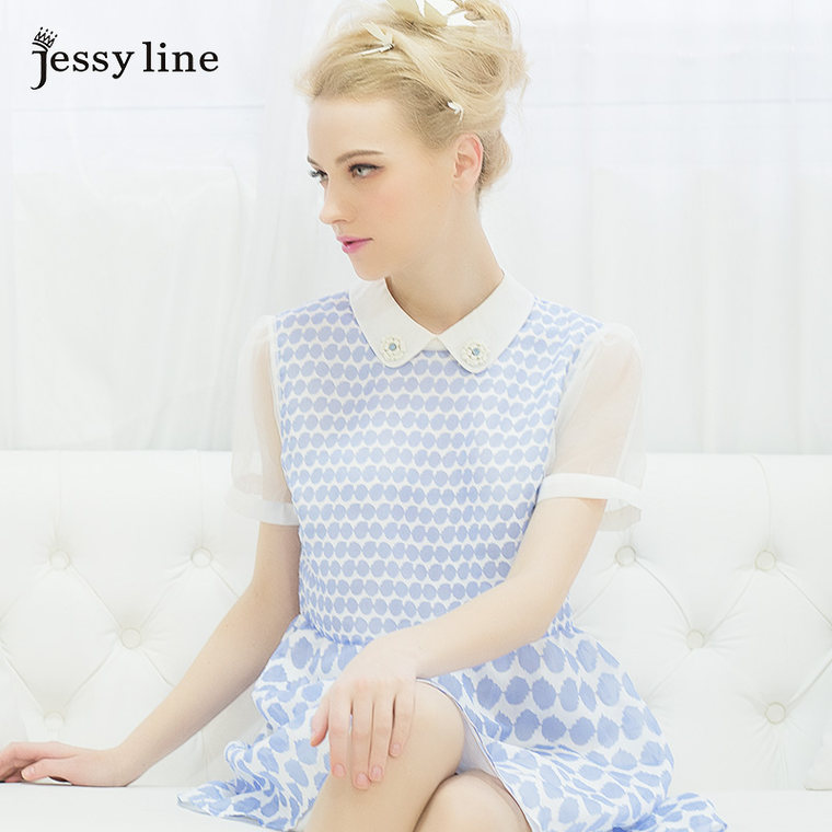 jessy line2015韩系小香风连衣裙 杰茜莱修身显瘦波点短袖夏短裙