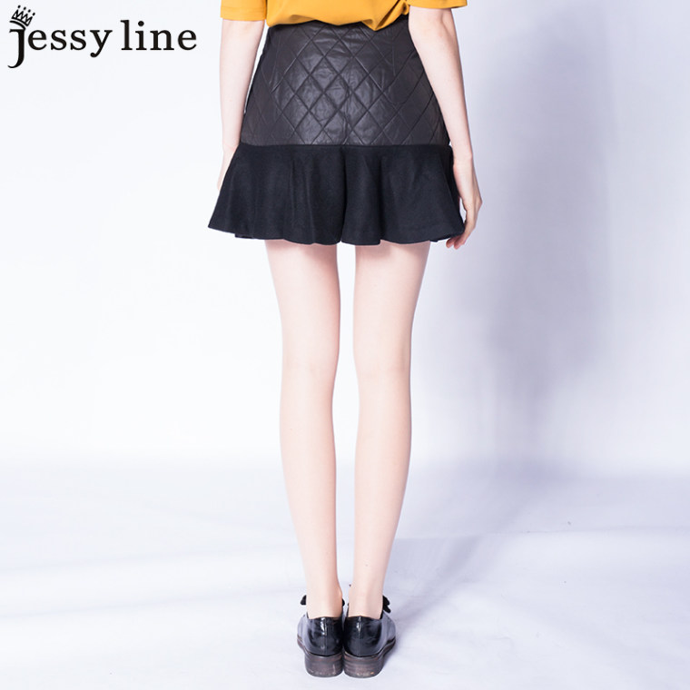 jessy line2015秋装新款 杰茜莱格子拼接可爱百搭半身裙 打底短裙