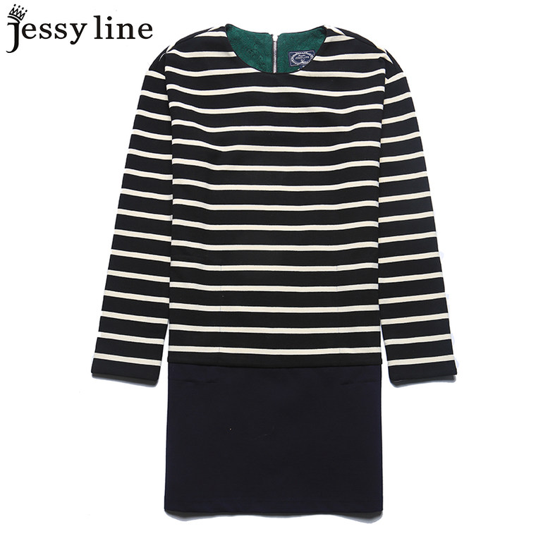 jessy line2015秋装新款 杰茜莱韩版百搭条纹显瘦针织长袖连衣裙