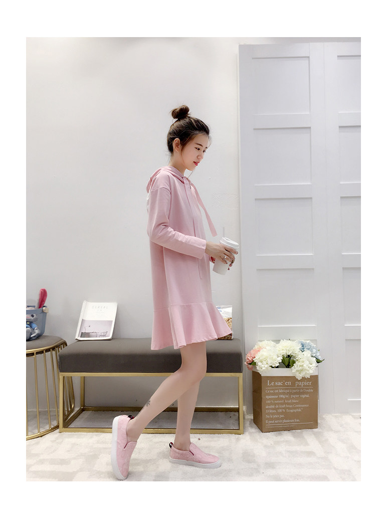 中长款宽松荷叶边连帽套头卫衣裙女2017秋装