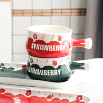 Breakfast bowl Cute cereal bowl Strawberry handle bowl ins Nordic style household ceramic bowl handle bowl with tray