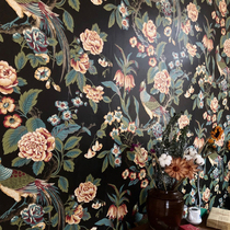 Neoclassical American flower and bird wallpaper paper material black living room bedroom vine flower big flower wallpaper background wall