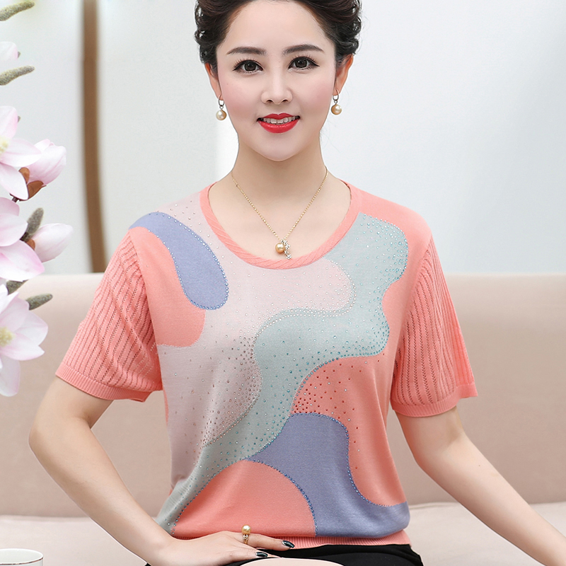 Middle aged short sleeve woman 50 year old mulberry silk mother summer clothing blouse 60 plus fat increase code ice silk T-shirt needlework