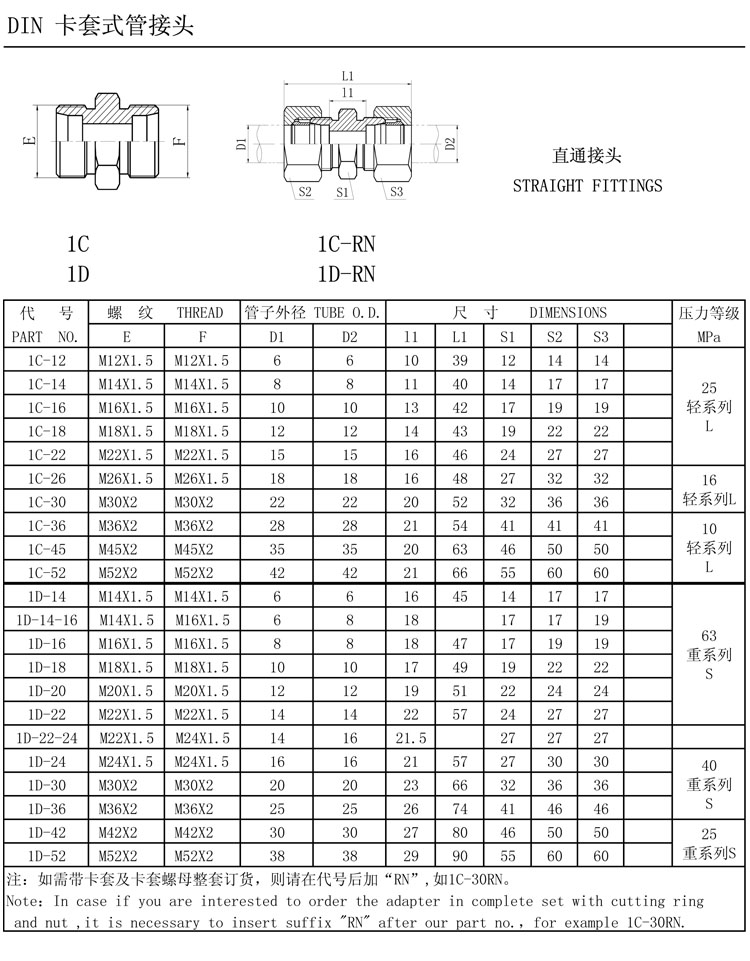 伊顿标准液压h型过渡接头碳钢重型卡套式直通外螺纹接头1d