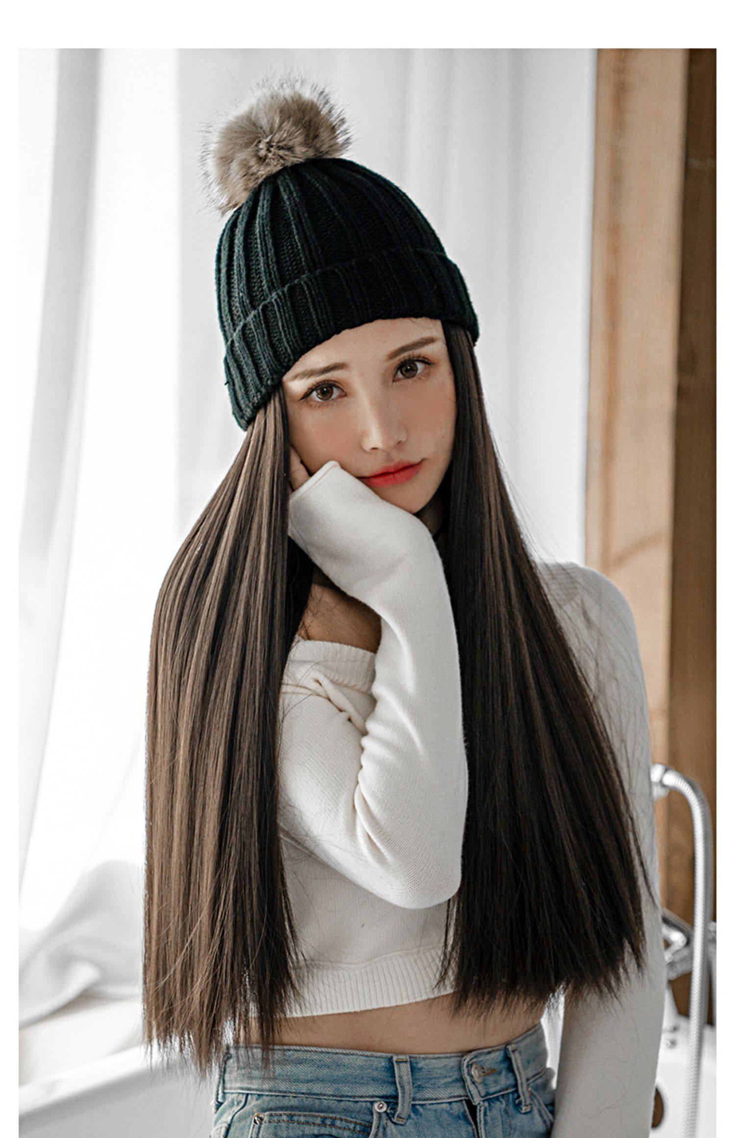 毛线假发帽子一体时尚