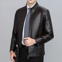 Mens leather jacket middle-aged autumn and winter Haining leather jacket men plus velvet padded jacket for middle-aged and elderly thin dad