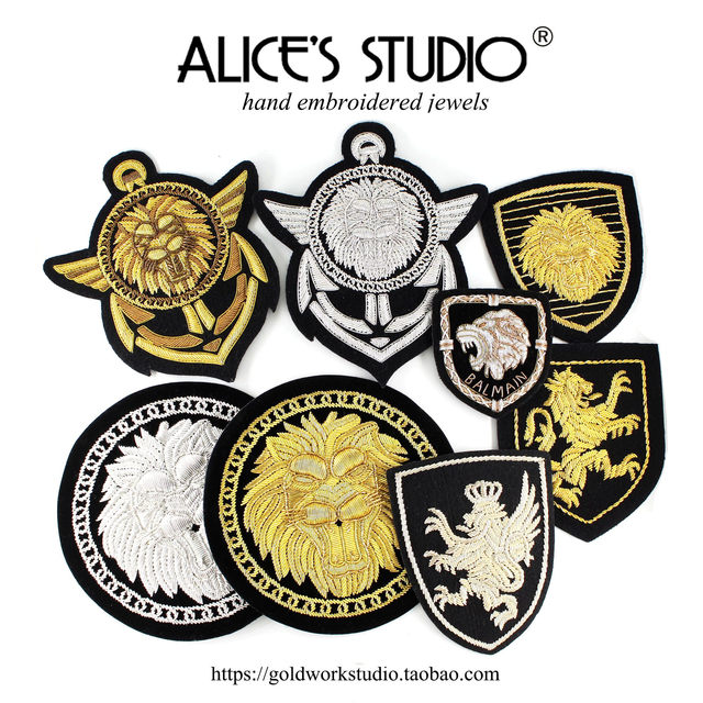 French design brand imported metal wire hand embroidered lion head anchor badge Balmain embroidered label French design brand imported metal wire hand embroidered lion head anchor badge Balmain embroidered label