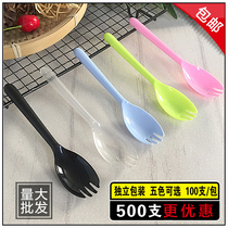Cake dessert spoon long handle thickened independent packaging fork spoon disposable transparent household fruit tridentate fork Net Red