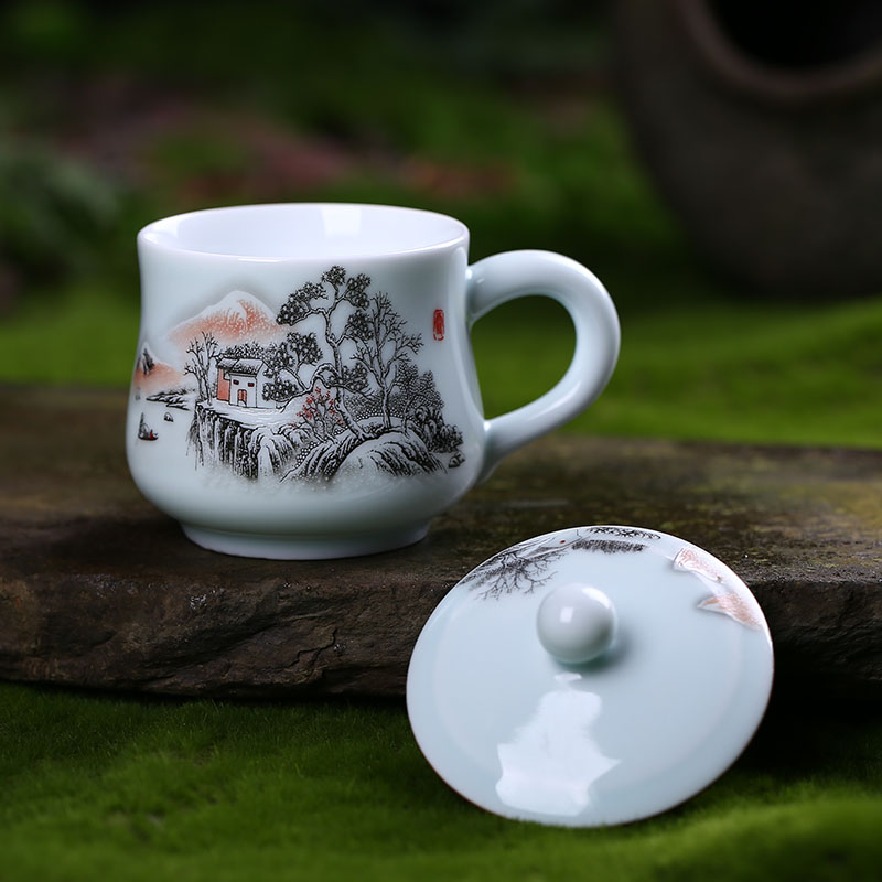 Jingdezhen ceramic cups with cover celadon porcelain single cup small household glass office personal cup tea set