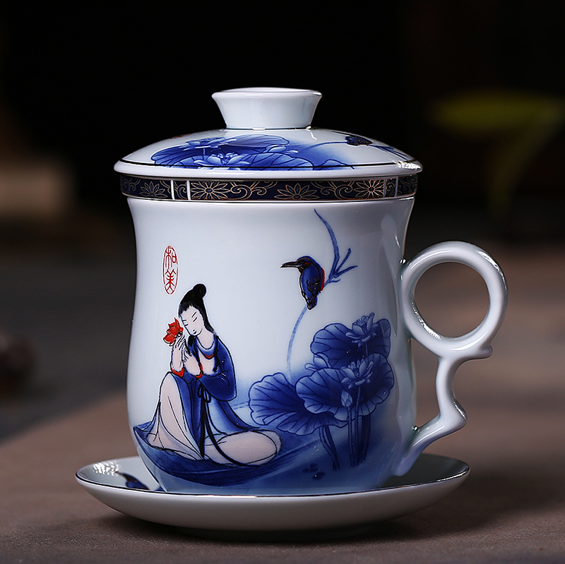 Jingdezhen ceramic cups with cover filter glass ceramic tea cup tea service office and meeting individual cup four times