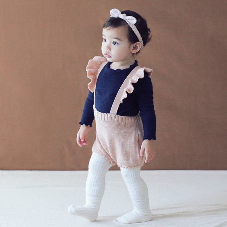 韩国进口婴儿背带裤可爱花边飞袖针织短裤宝宝毛线短裤背带裤春秋_7折