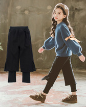Girls casual pants winter clothes new middle and big childrens children plus velvet padded fake two-piece pants warm pants