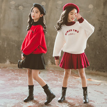 Girls winter dress dress 2021 new childrens clothing childrens foreign style plus velvet sweater pleated woolen skirt tide