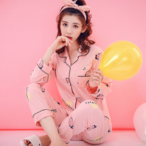 Pajamas womens spring and autumn cotton long-sleeved button womens cotton womens month plus size fat mm home wear suit