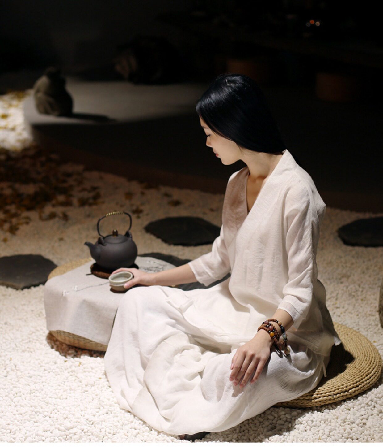 中式瑜伽服禅修服丝棉汉服上衣交领阔腿裤套装仙女茶道服夏打坐白